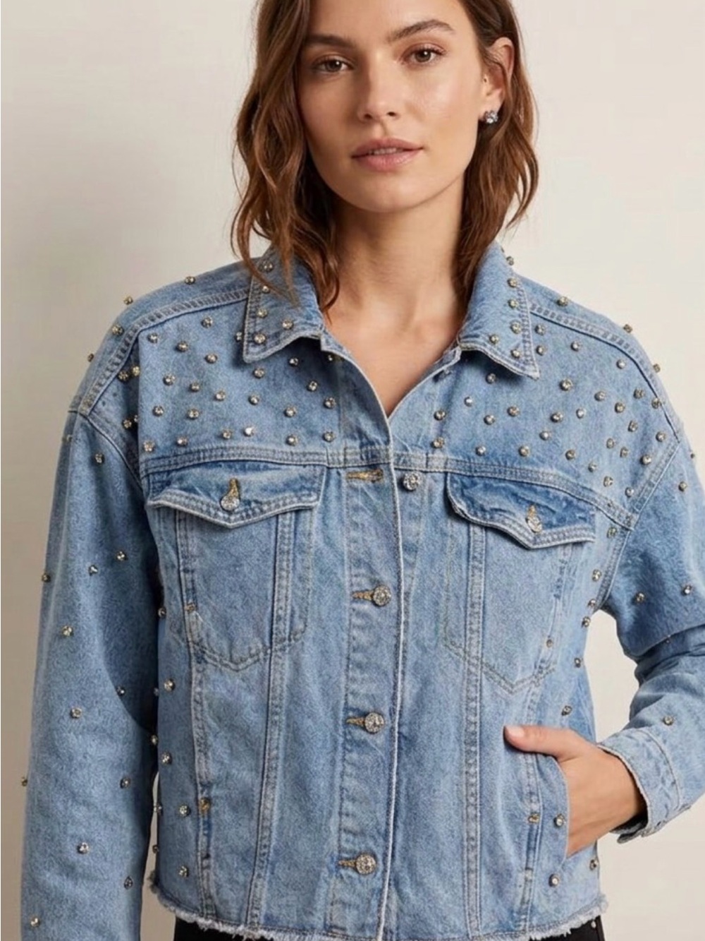 River Island Light Blue Studded Denim Jacket SzS NEW